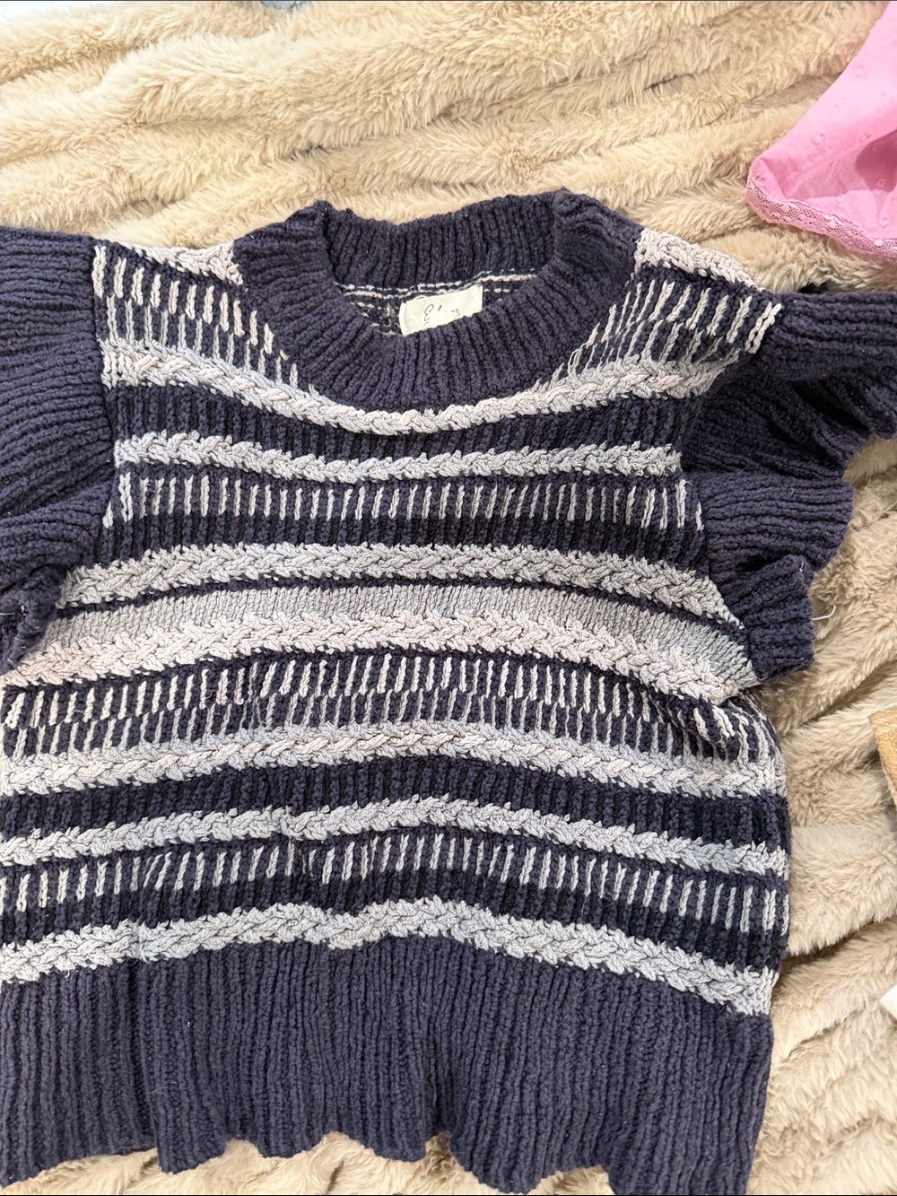 Elan Navy & Light Gray Striped Ruffle-Sleeve Crew Sweater